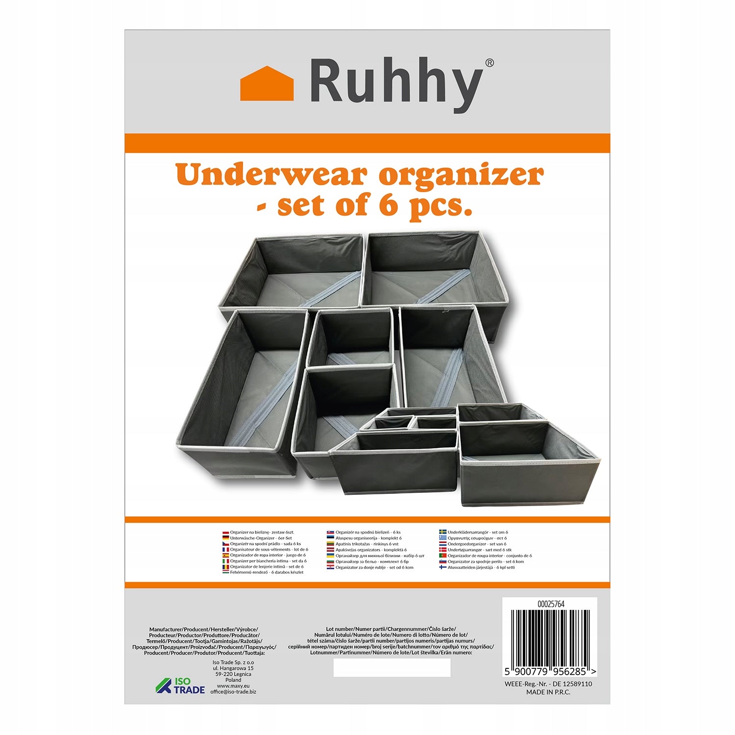 UNDERWEAR DRAWER ORGANIZER SOCKS CONTAINERS SET OF 6 GREY Manufacturer code 00025764