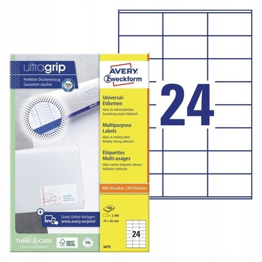 UNIVERSAL LABELS 70X36MM WHITE 2400LABEL ZWECKFORM AVERY