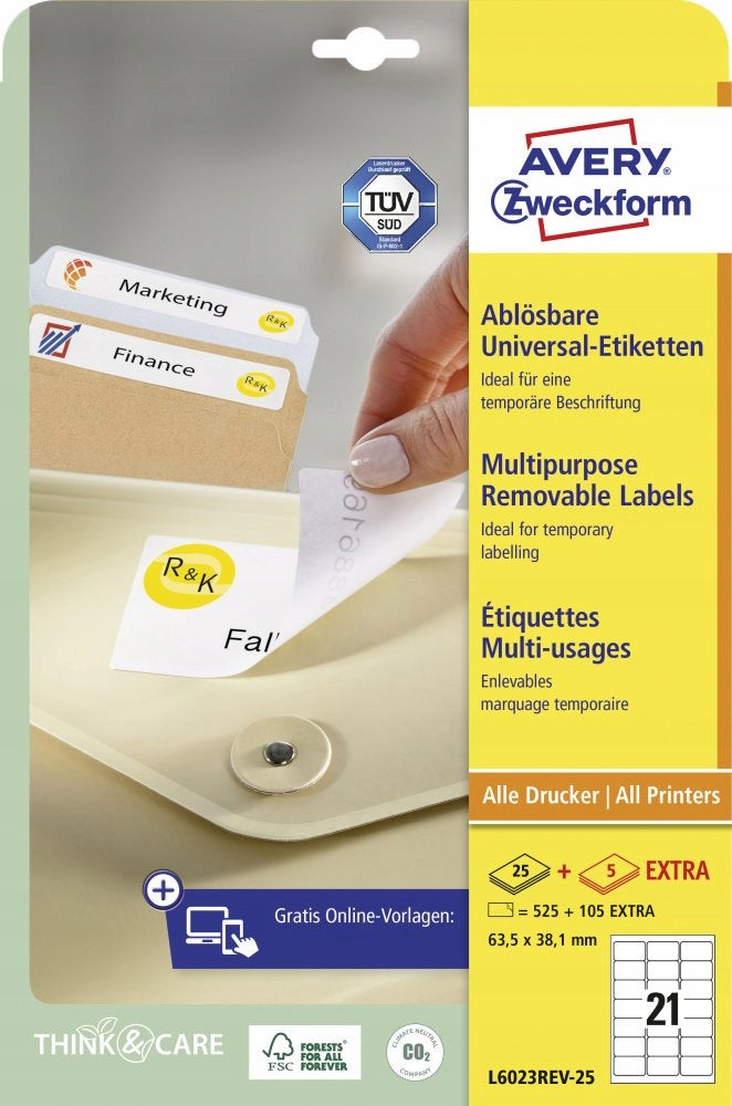 UNIVERSAL LABELS, REMOVABLE AVERY, 63,5 X 38,1