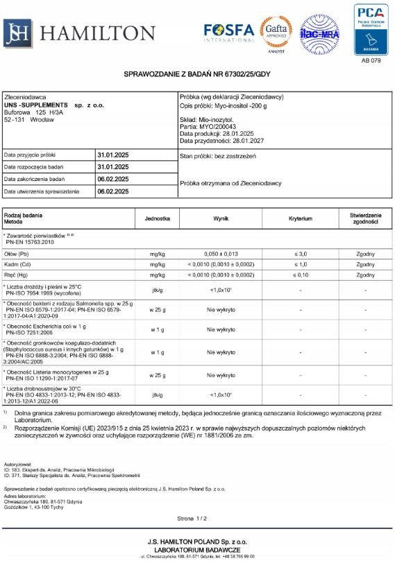 UNS MYO-INOSITOL 200G ENERGY METABOLISM INOSITOL NERVOUS SYSTEM EAN (GTIN) 5904238960523