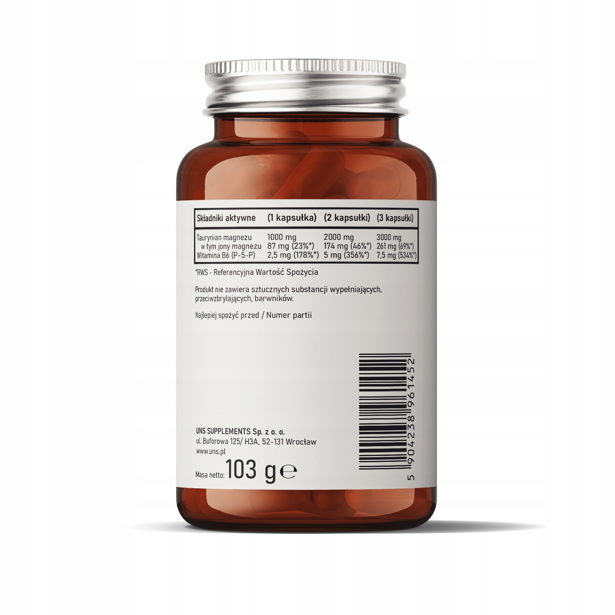 UNS Magnesium Taurate & B6 P5P 90 vege kaps. EAN (GTIN) 5904238961452