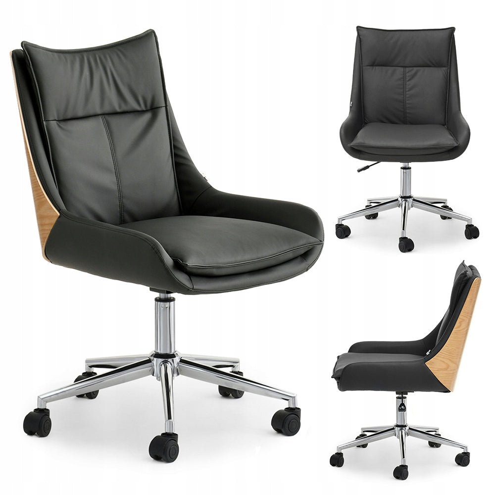 UPHOLSTERED SWIVEL CHAIR FOR OFFICE BLACK FAUX LEATHER OAK LEON LEG CHROME