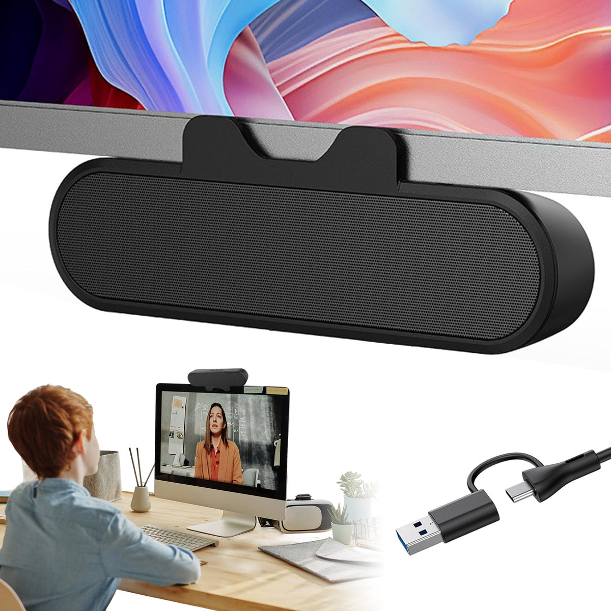 USB 10W STEREO SPEAKER WITH VOLUME CONTROL, MONITOR CLIP