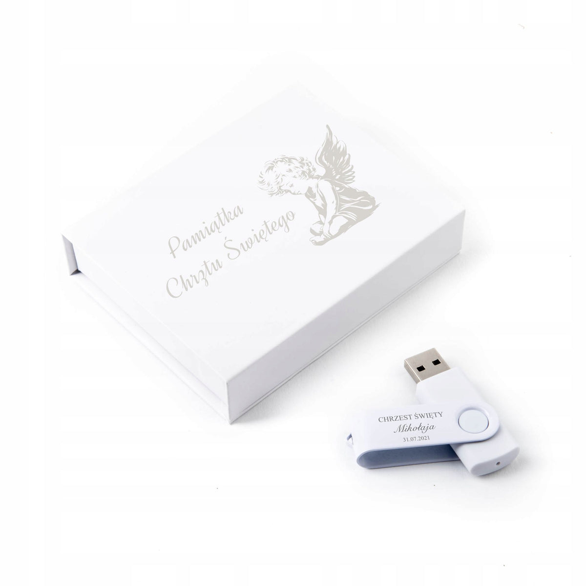 USB 2.0 flash drive Twister 8 GB + white magnet box + Engraving for BAPTISM