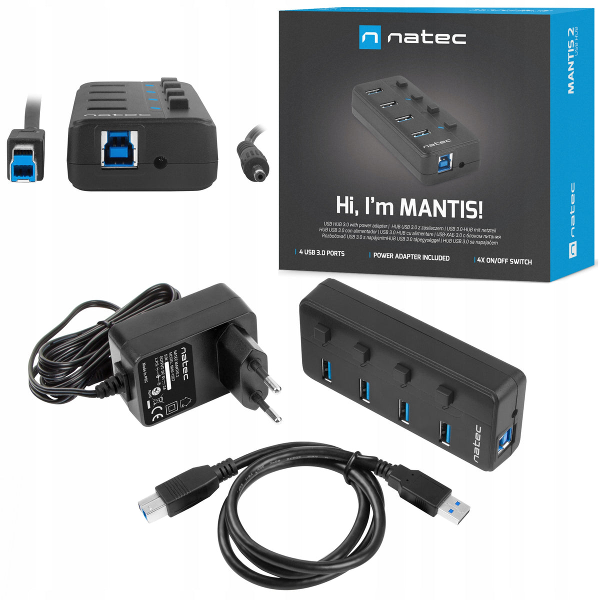 USB 3.0 HUB UP TO 5 Gbps NATEC MANTIS 2 4-PORTS WITH ON/OFF SWITCH
