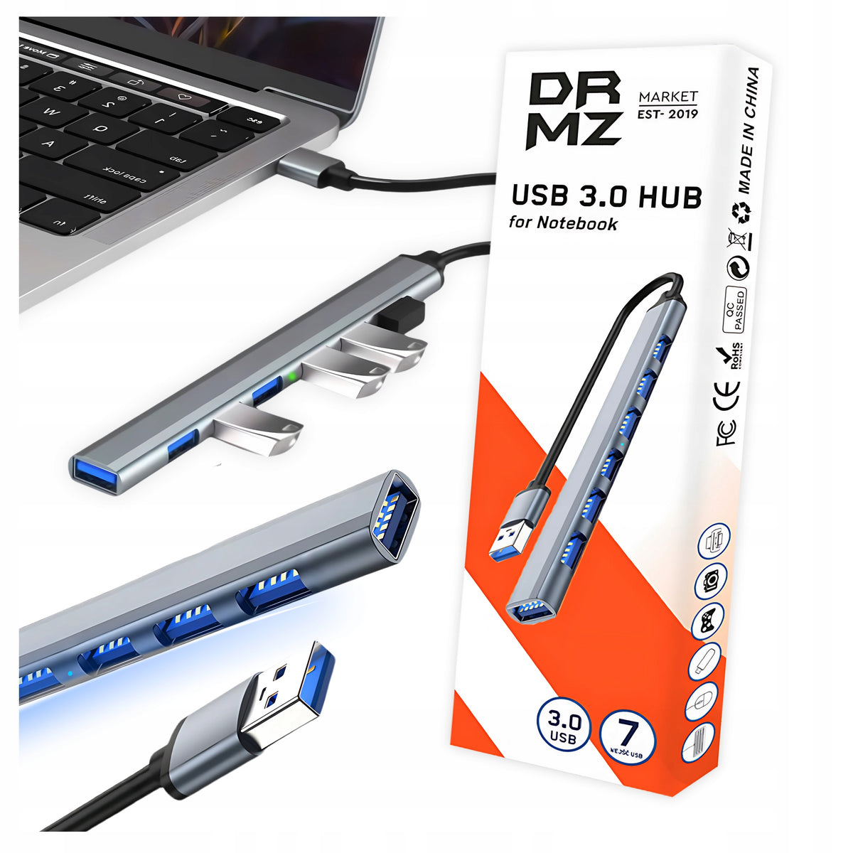 USB 3.0 Hub DRMZ 7in1 Splitter 7x USB Fast Data Transfer Laptop PC