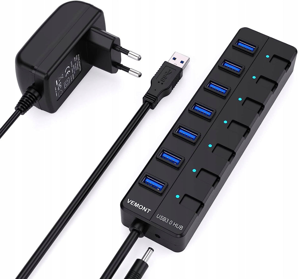 USB 3.0 Hub Vemont 7 Ports Active with Power Adapter and Buttons