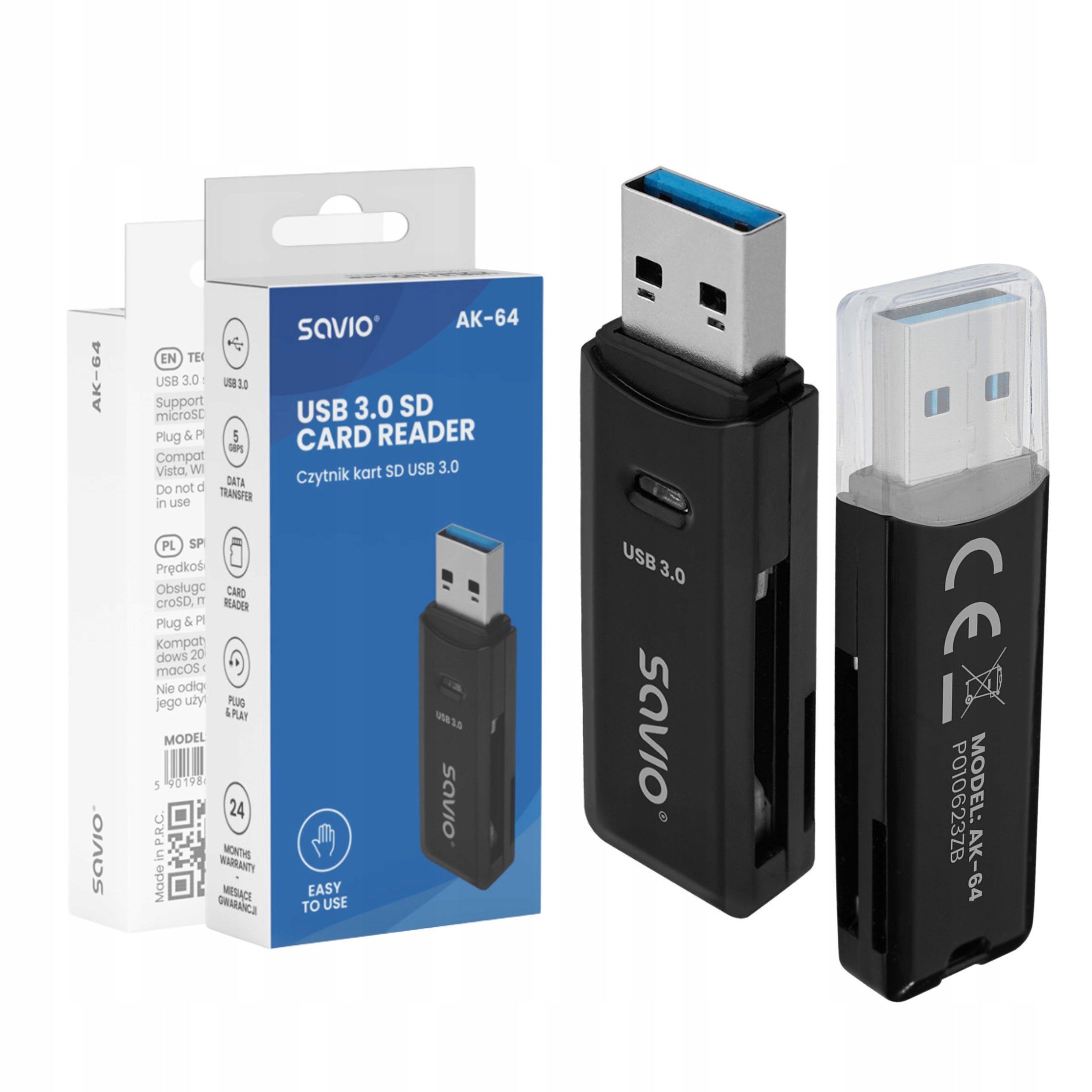 USB 3.0 SD card reader SAVIO AK-64 fast transfer 5Gb/s Plug & Play