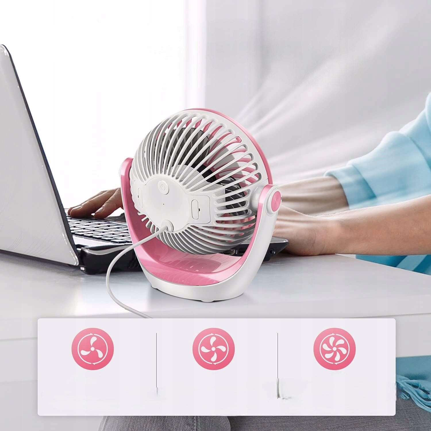 USB 360° Desk Fan, 3 Speeds, Quiet, Portable, Pink Model D602 różowy