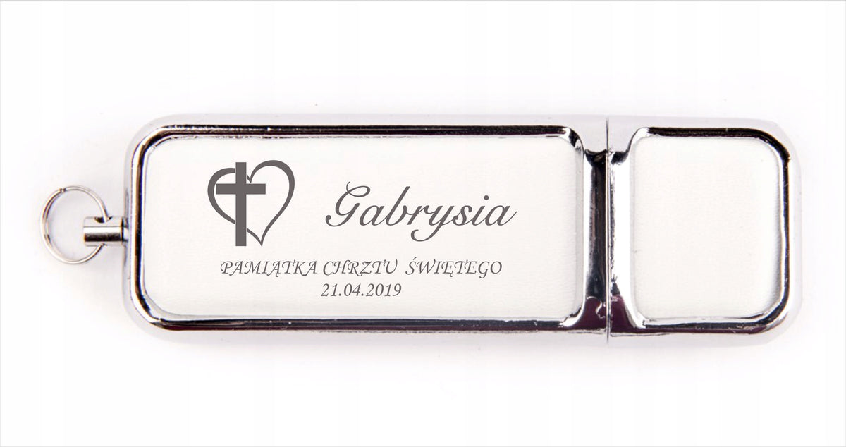 USB 512 MB leather flash drive engraving for BAPTISM Color white