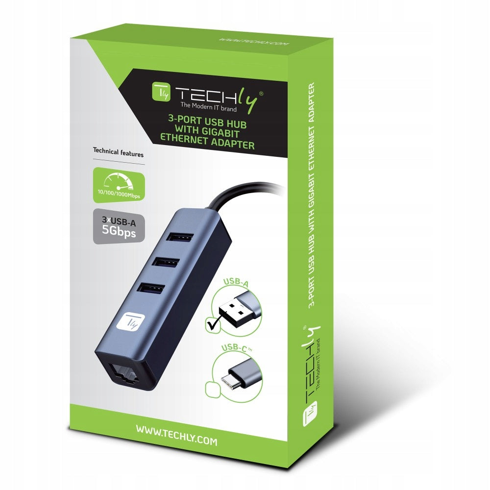 USB-A 3.0 to RJ45 Gigabit Network Adapter with 3x USB 3.0 Hub Techly EAN (GTIN) 8059018366907