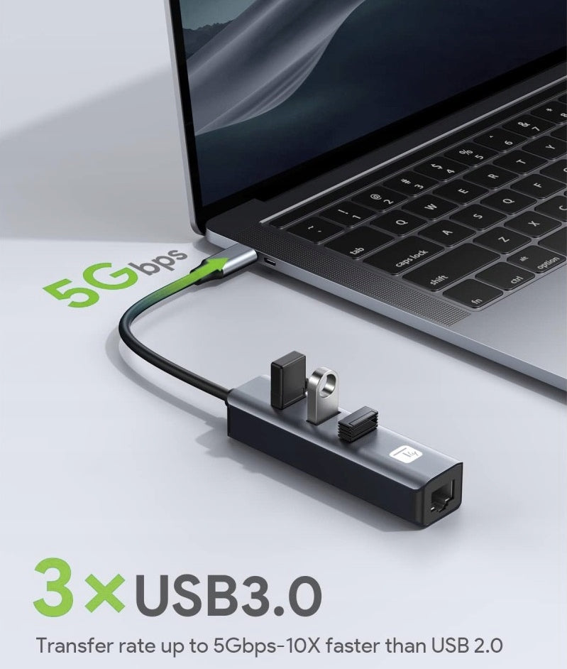 USB-A 3.0 to RJ45 Gigabit Network Adapter with 3x USB 3.0 Hub Techly Manufacturer Techly
