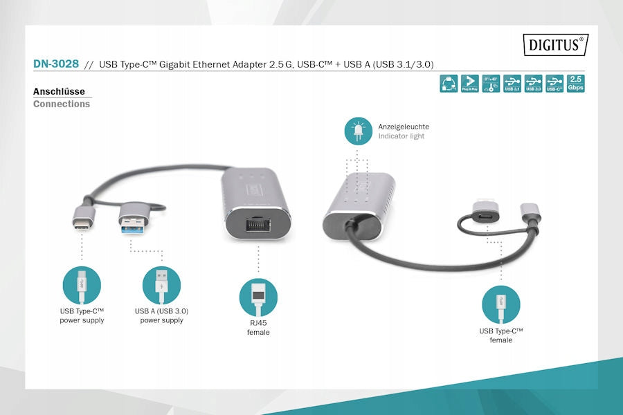 USB A / USB C 2.5Gbps Digitus DN-3028 Network Card Manufacturer code DN-3028