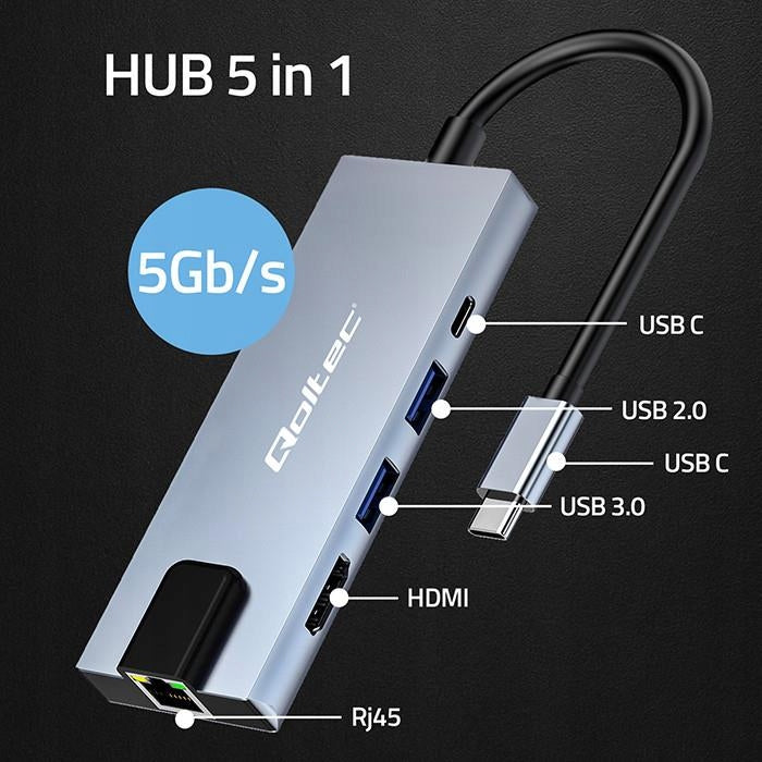 USB Adapter Qoltec USB-C 5in1 PD 100W HDMI 4K RJ45 2x USB Aluminum Manufacturer Qoltec