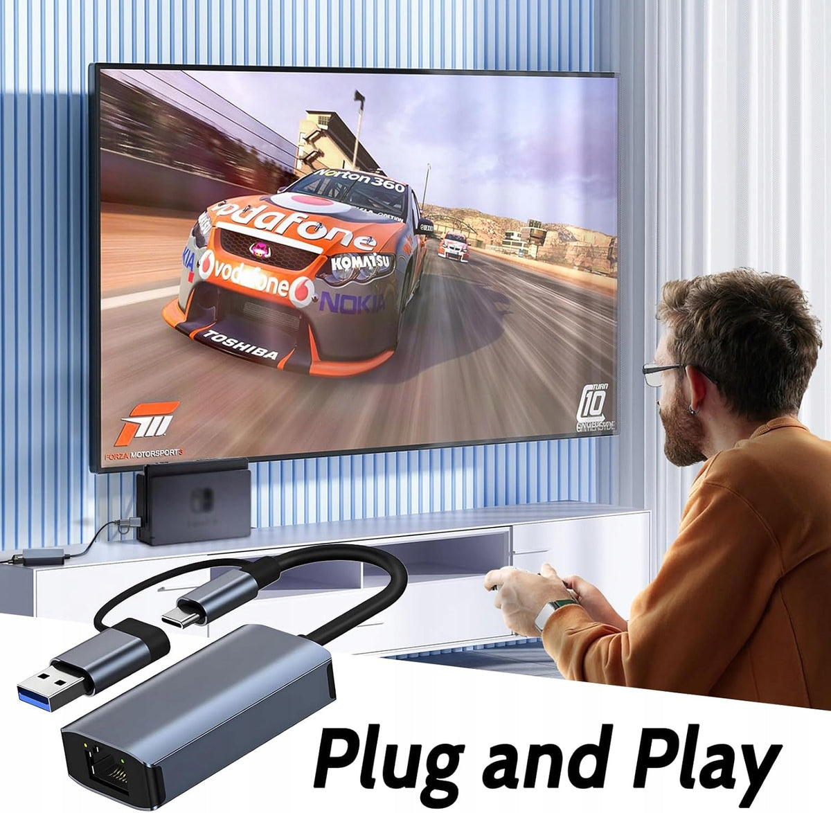 USB Adapter, USB-C to Ethernet, 2-in-1, USB 3.0, 1000 Mbps Interface USB 3.0