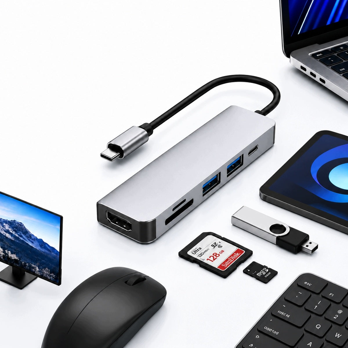USB-C 6-in-1 Hub Adapter: 2x USB 3.0, HDMI, SD, MicroSD/TF, 100W PD Charger Packaging status original