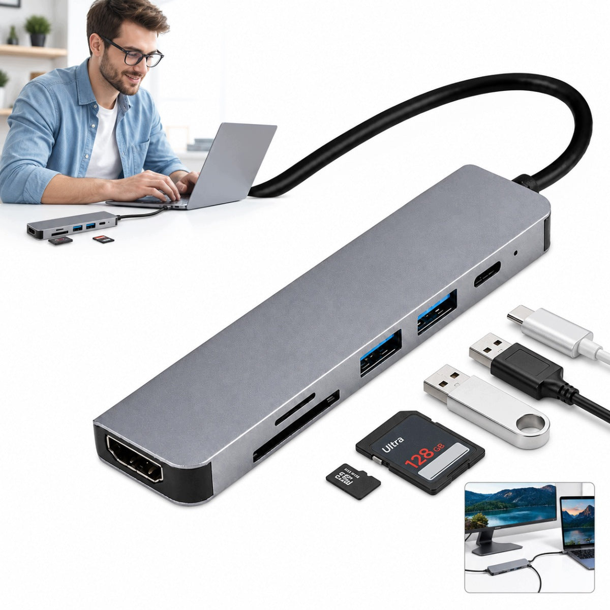 USB-C 6-in-1 Hub Adapter: 2x USB 3.0, HDMI, SD, MicroSD/TF, 100W PD Charger