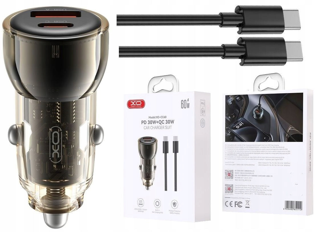 USB-C 60W Fast Car Charger + Car Cigarette Lighter Cable