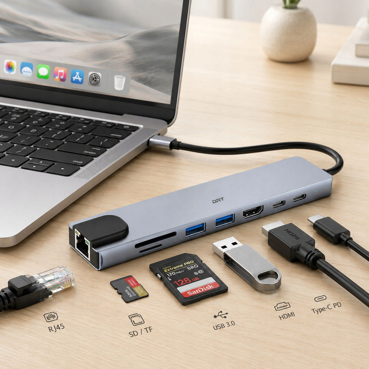 USB-C 8in1 HDMI 4K PD LAN RJ45 2xUSB 3.0 SD TF adapter silver SLIM 87W Packaging status original