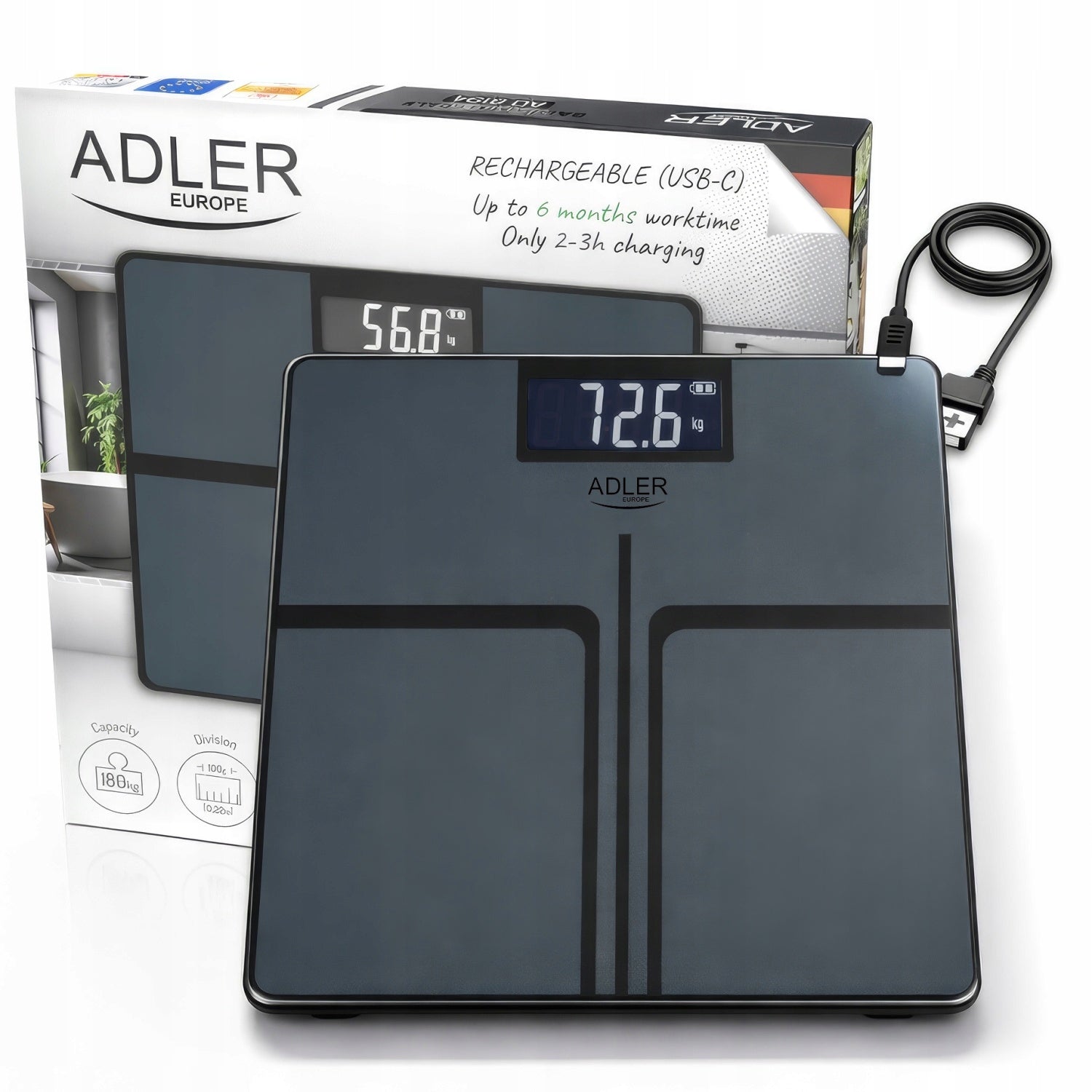 USB-C Cordless Bathroom Scale 180kg GREY LCD Tempered Glass 100g