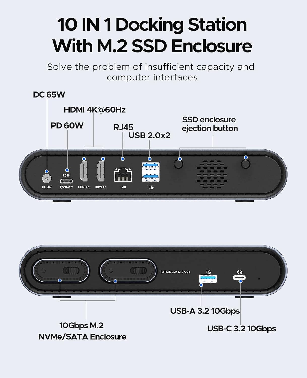USB-C DOCKING STATION 10IN1 DUAL HDMI 4K DUAL SSD M.2 PD60W Manufacturer Orico