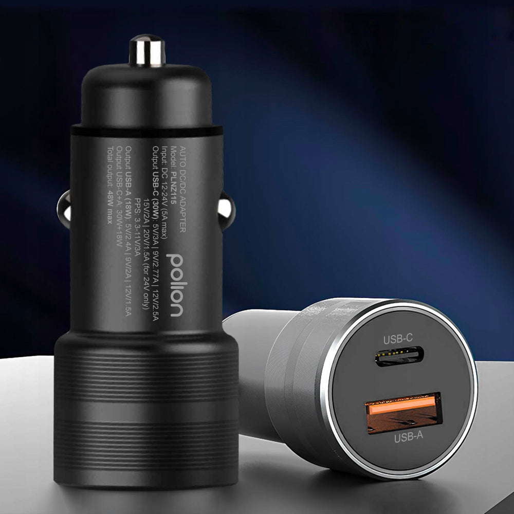USB-C Fast Car Charger USB-A 48W 3A QC3.0 PD POLION for Phone Cable length 0 m