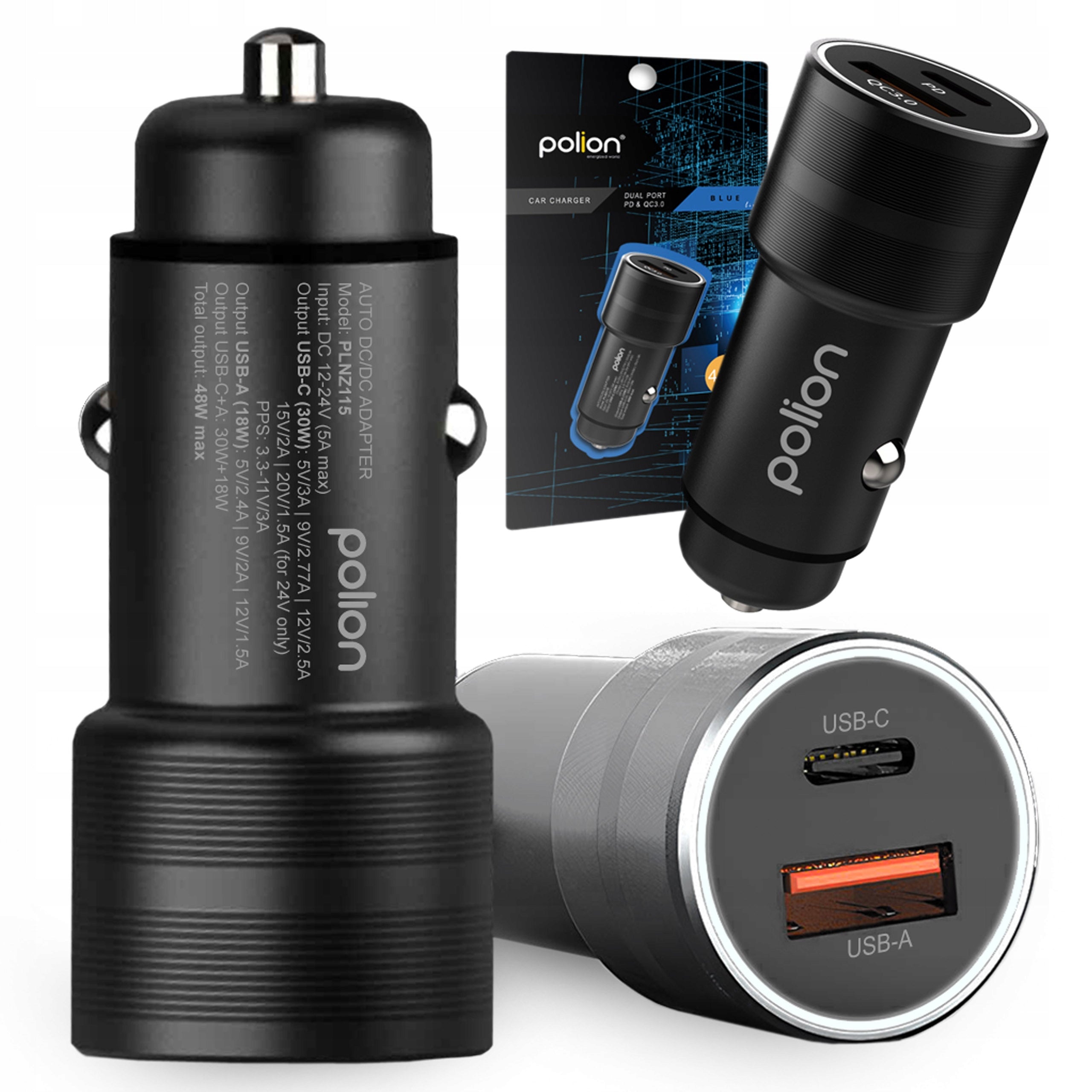 USB-C Fast Car Charger USB-A 48W 3A QC3.0 PD POLION for Phone