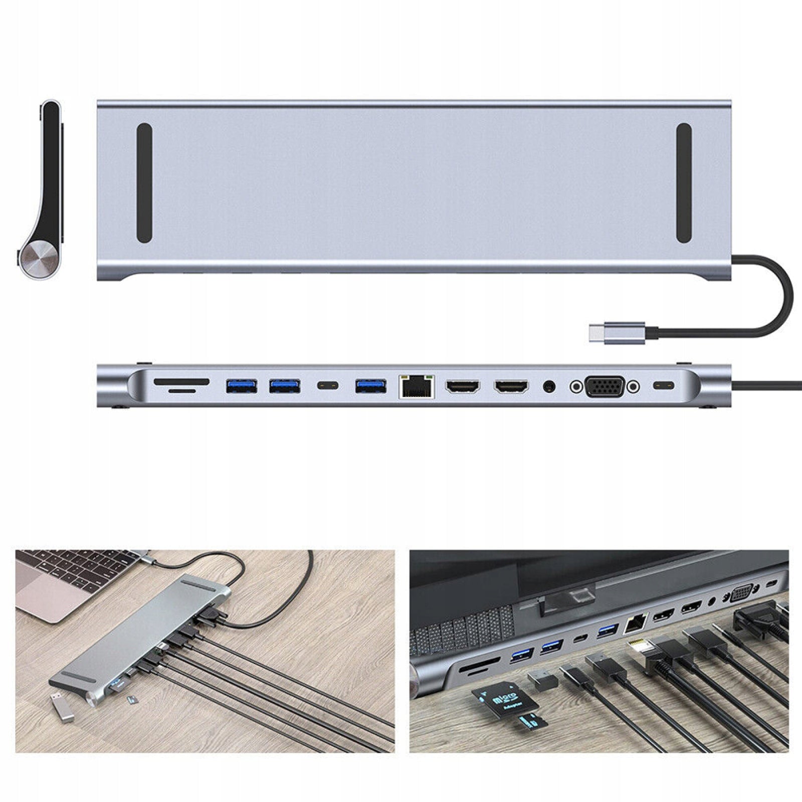 USB-C HUB Docking Station for Laptop 12in1 USB 3.0 HDMI 4K LAN alu 100W Product weight with unit packaging 0.34 kg