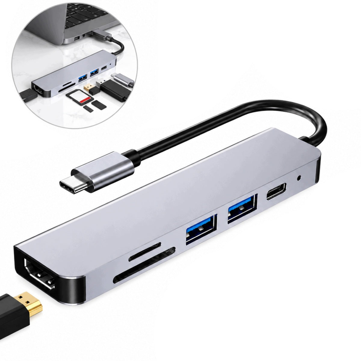 USB C HUB HDMI ADAPTER 4K 2XUSB 3.0 SD TF 6IN1 DOCKING STATION