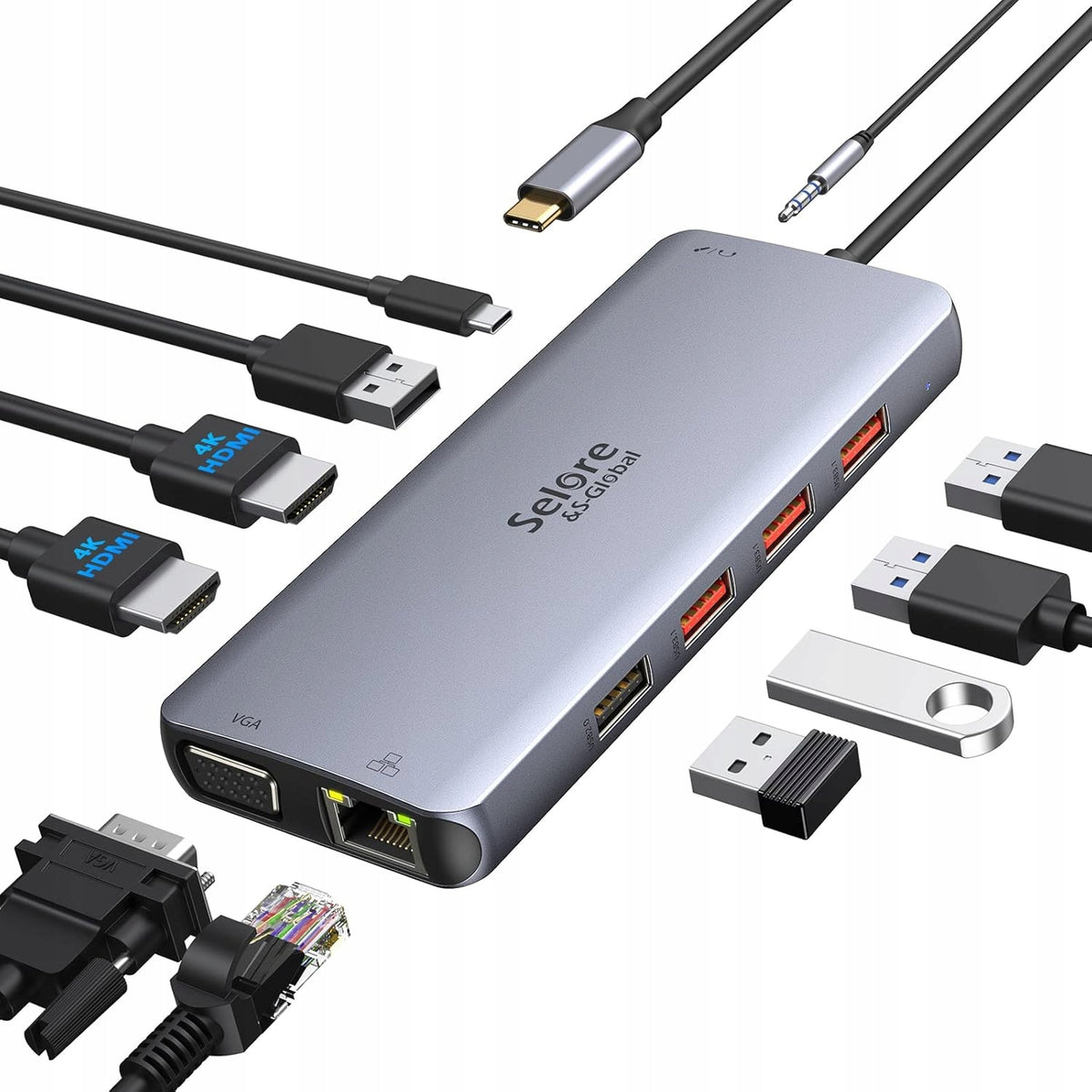 USB-C Hub 11in1 Dual HDMI 4K RJ45 PD 87W Solre S-Global Docking Station