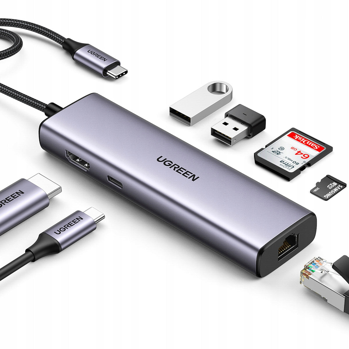 USB-C Hub with HDMI, RJ45, USB-A, SD/TF & PD 100W Grey Manufacturer Ugreen