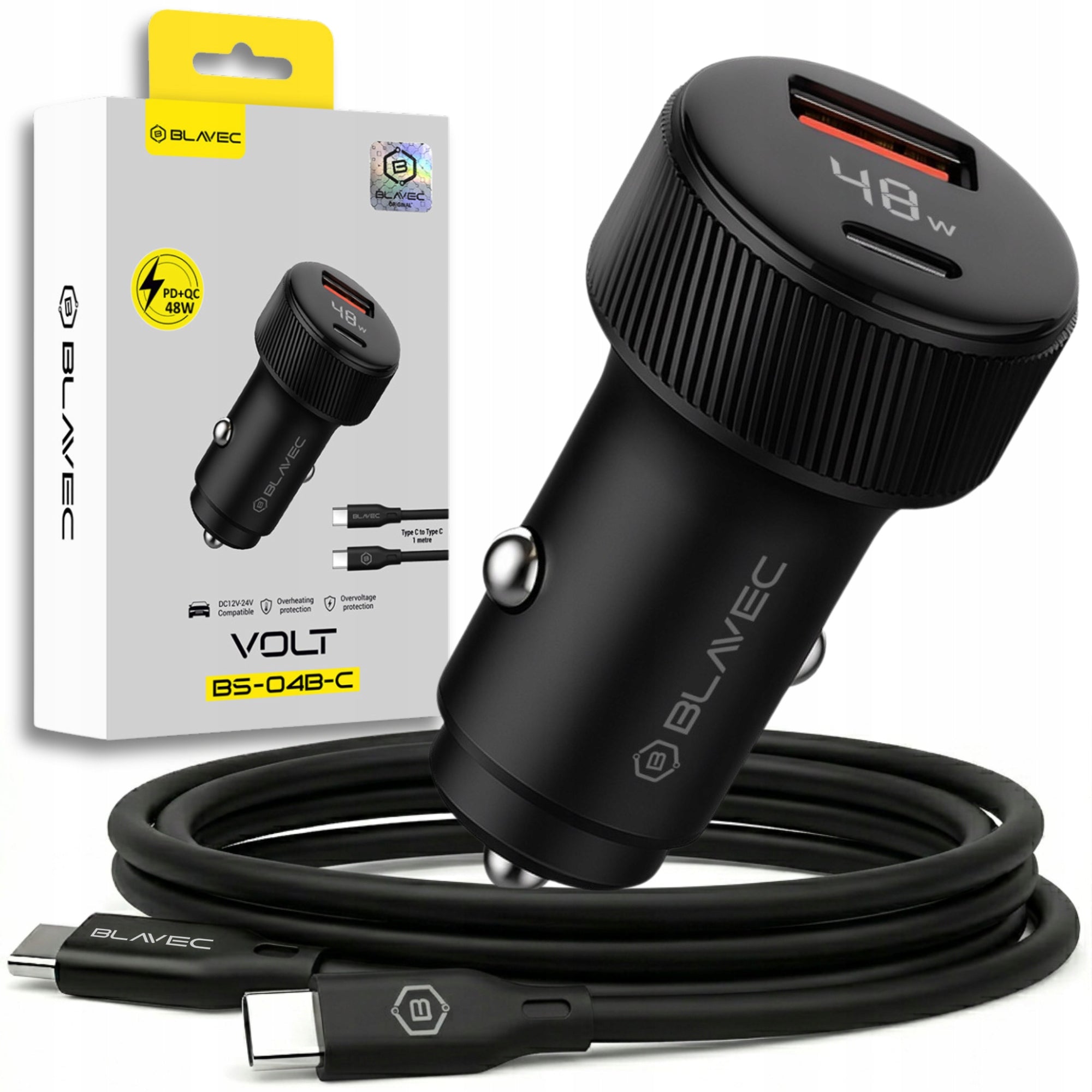 USB-C PD 30W USB-A 18W Fast Car Charger with Display + Cable