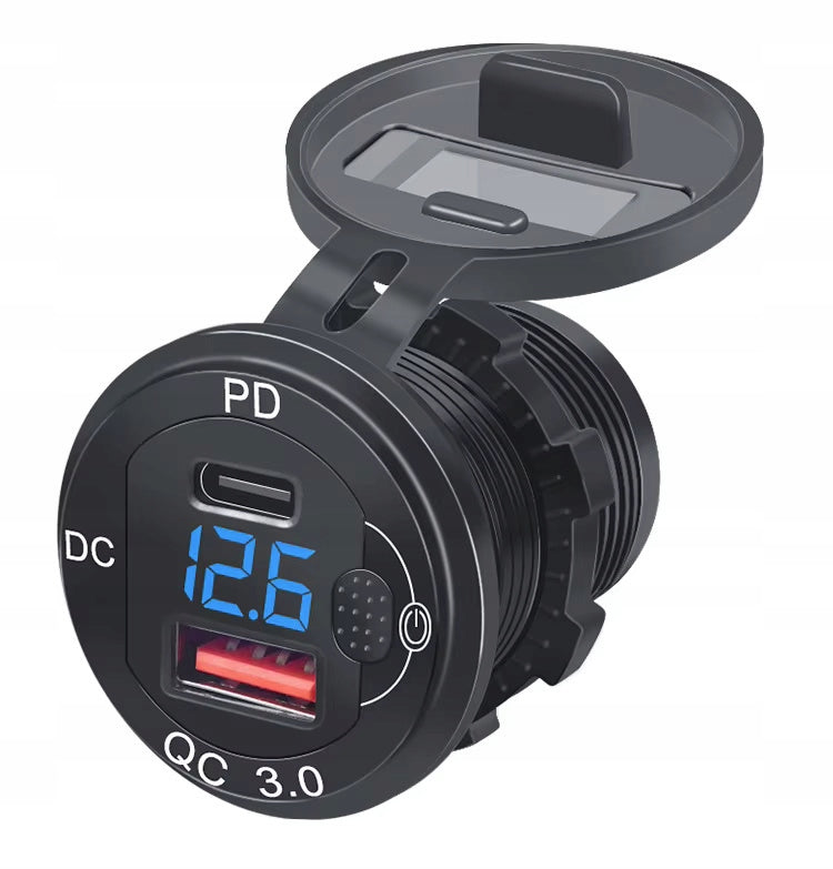 USB-C PD CHARGER USB QC3.0 blue LED aluminum 12/24V voltmeter EAN (GTIN) 5906288912439