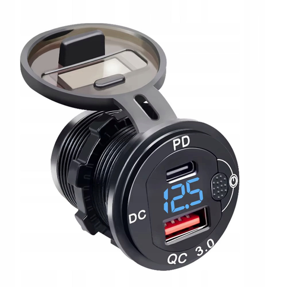 USB-C PD CHARGER USB QC3.0 blue LED aluminum 12/24V voltmeter