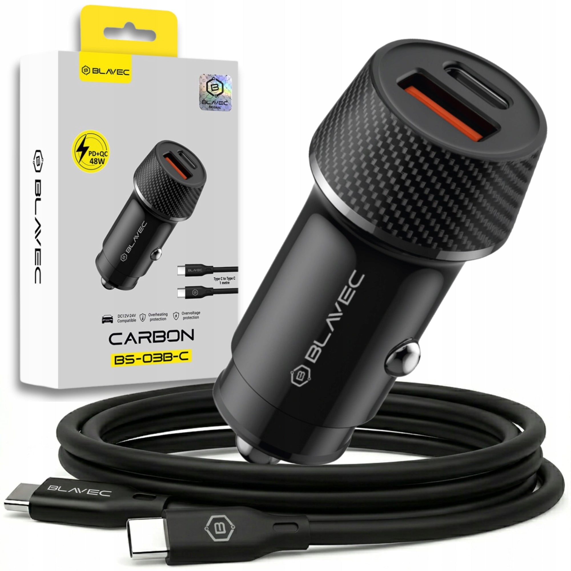 USB-C QC 3.0 PD 48W Fast Car Charger for Phone + Cable