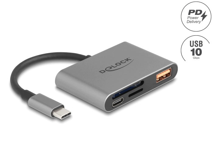 USB-C card reader SD Micro SD card USB 10 Gbps A USB C 85 W Delock 91016