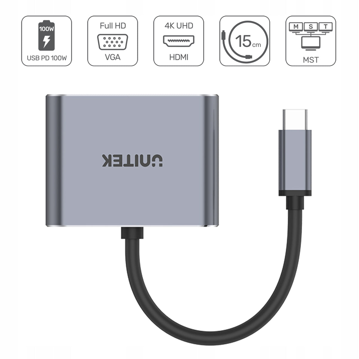 USB-C to HDMI 2.0, VGA, USB-A, and 100W PD Adapter Unitek (D1049A) EAN (GTIN) 4894160042682