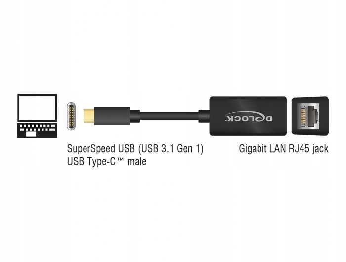 USB-C to RJ45 Gigabit LAN Adapter Compact Black Delock 65904 Packaging status original