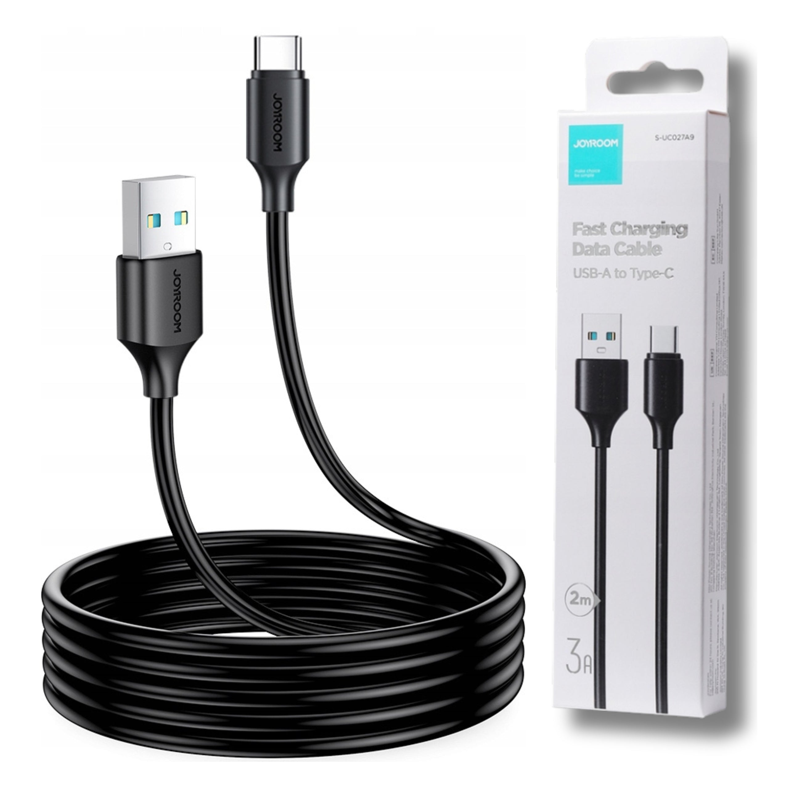 USB CABLE - USB C 3A CHARGING AND DATA CABLE QC 2m BLACK