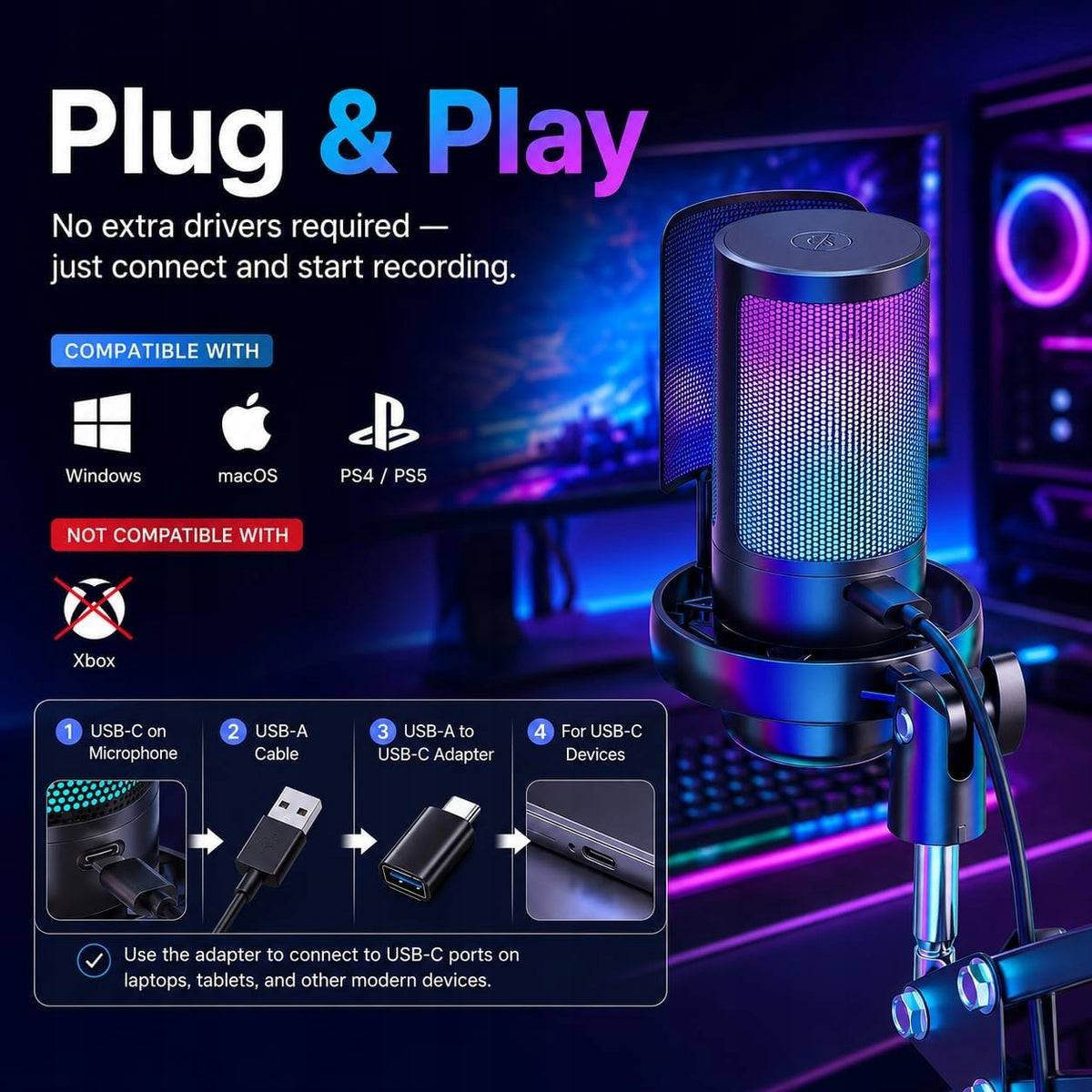 USB CONDENSER MICROPHONE PLUG&PLAY RGB 7 COLORS GAMING Manufacturer code MIKROFON USB GAMING KONDENSATOROWY PLUG