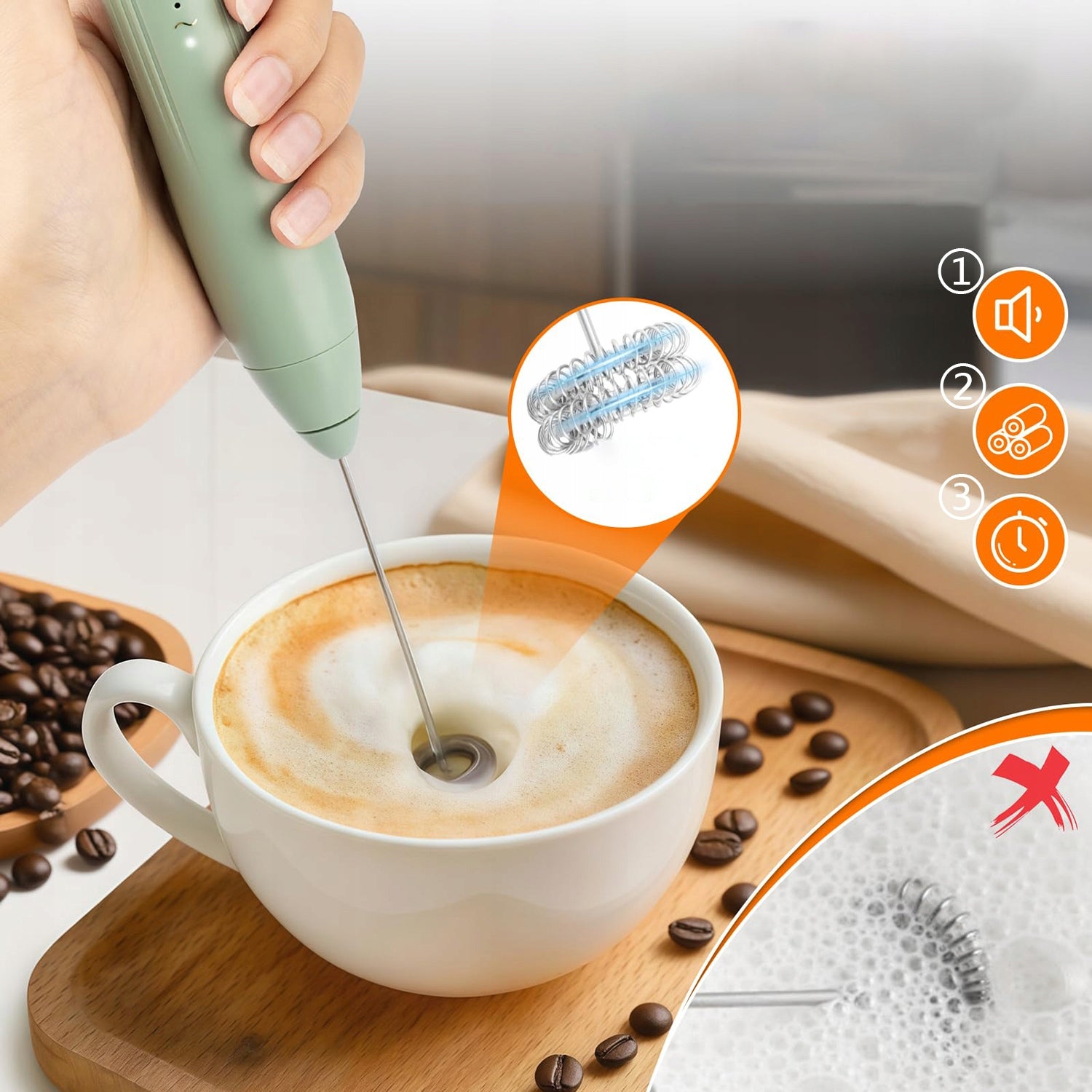 USB Electric Milk frother, 3 Speeds, Coffee Mixer - Green Power supply mains-battery