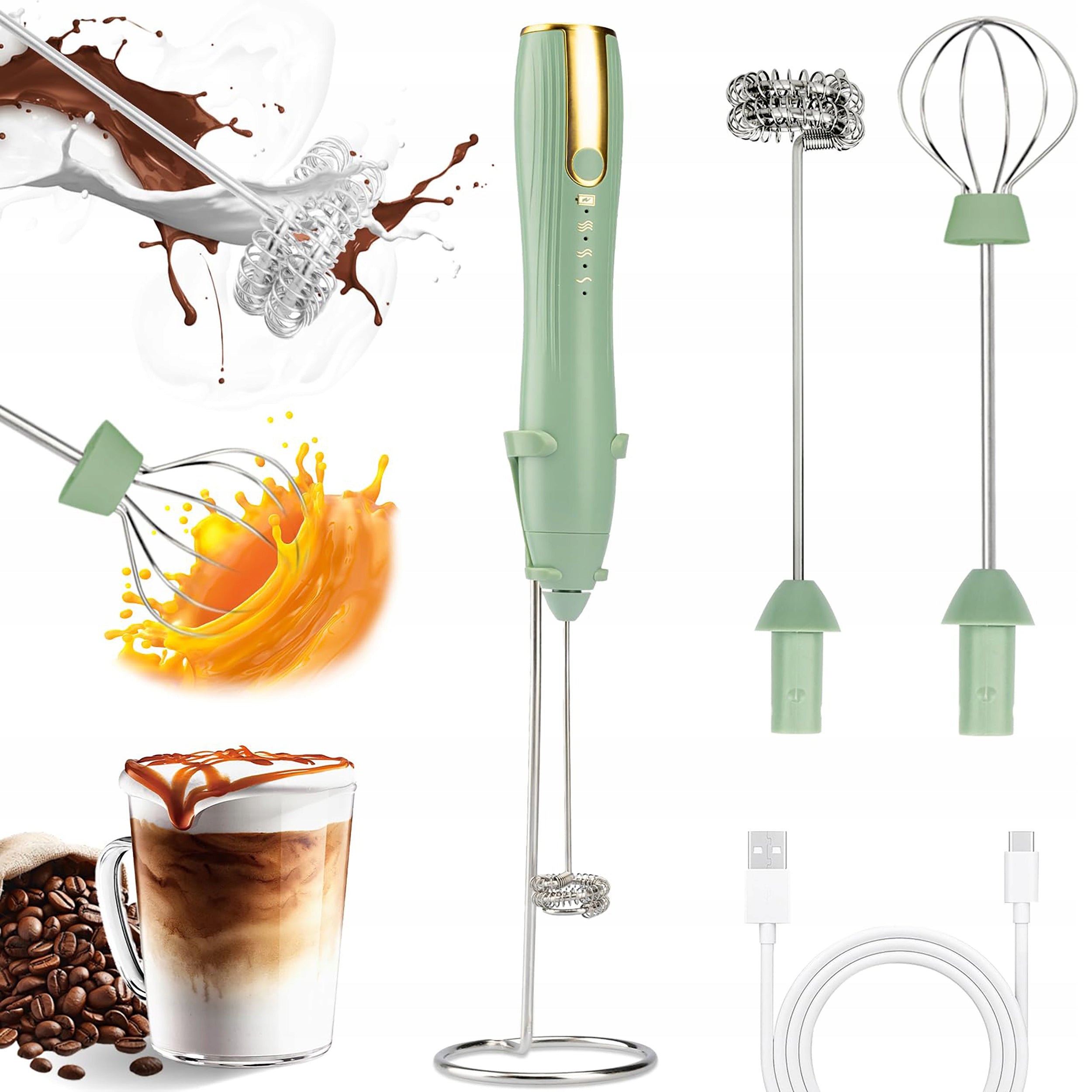 USB Electric Milk frother, 3 Speeds, Coffee Mixer - Green