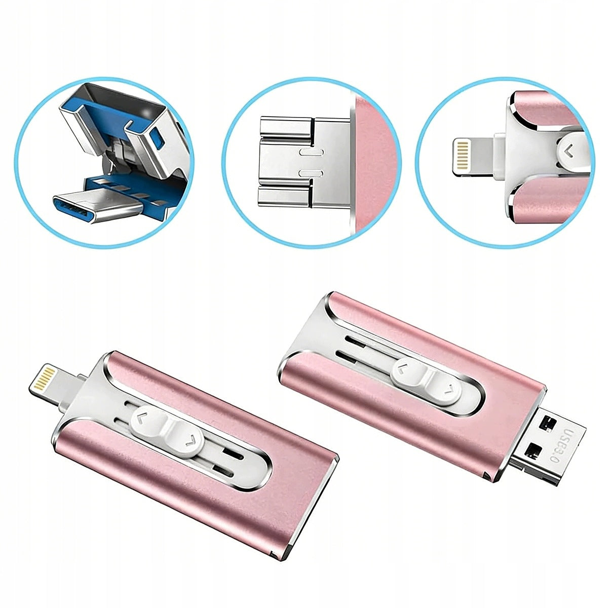 USB FLASH DRIVE 128 GB 3IN1 USB 3.0 MICRO-USB LIGHTNING USB-C, PINK Packaging status original