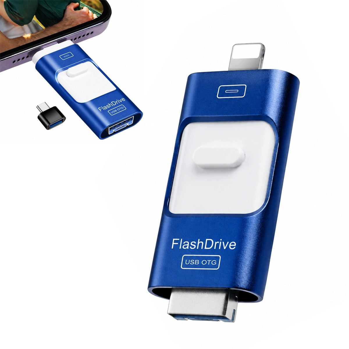 USB FLASH DRIVE 128GB 4IN1 USB 3.0 IPHONE ANDROID USB-C PC MAC LIGHTNING BLUE
