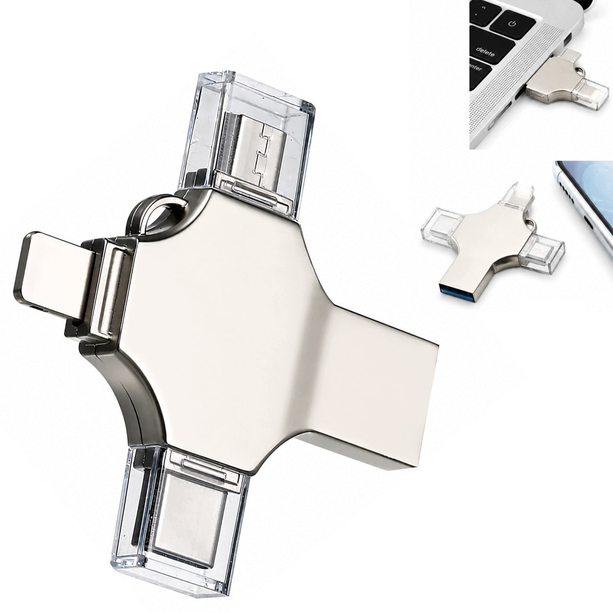 USB FLASH DRIVE 4W1 256GB USB USB-C MICRO USB LIGHTNING OTG FLASH MEMORY SILVER