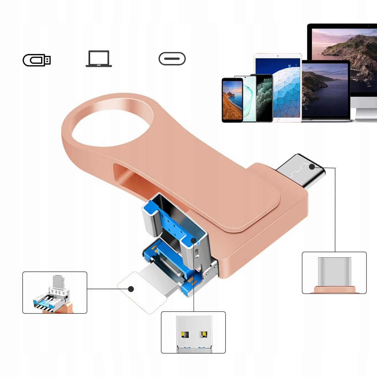 USB FLASH DRIVE 512 GB 4IN1 USB 3.0 MICRO-USB LIGHTNING USB-C, PINK Color pink