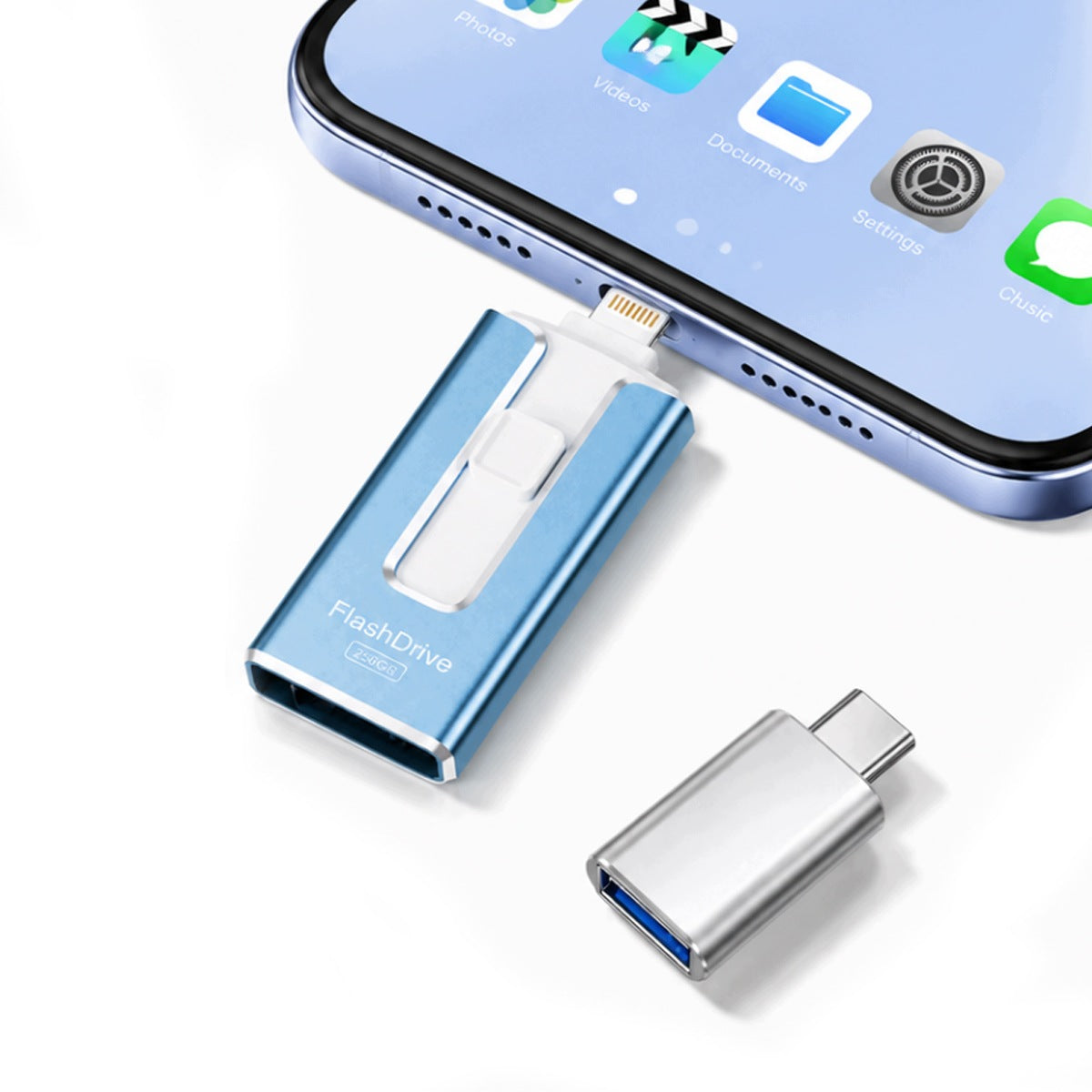 USB Flash Drive 256GB 4in1 USB 3.0 iPhone Lightning Android Micro USB BLUE