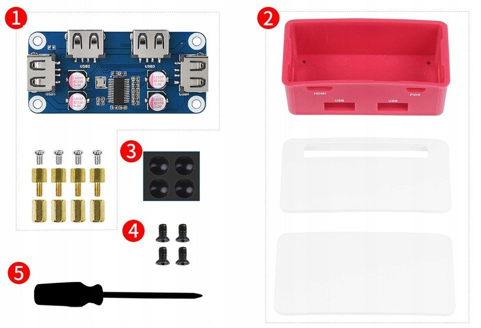 USB-HUB-BOX - 4-Port USB 2.0 HUB for Rp Pi Zero Batteries included no