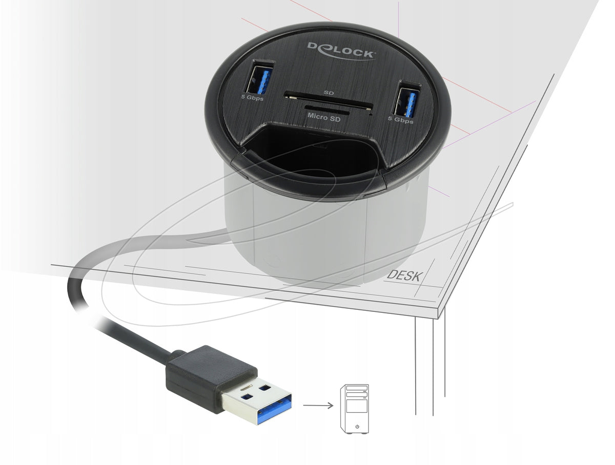 USB Hub 2x USB 5 Gbps Type-A + SD and Micro SD Card Reader Delock 64152