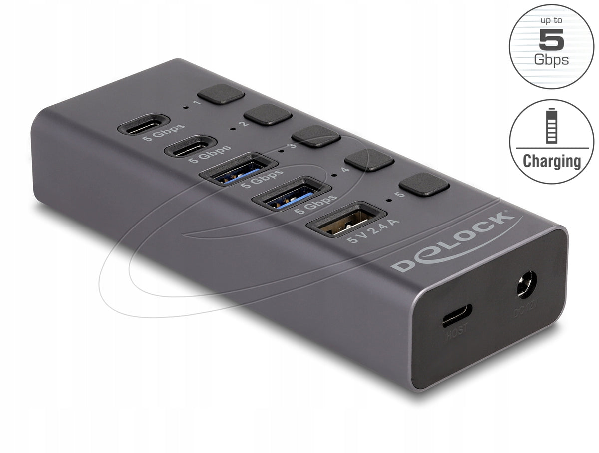 USB Hub 5 Gbps 2x USB Type-A + 2x USB Type-C Fast Charging Delock 64248
